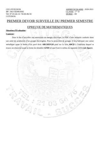 Première page de Mathématiques 1ère D — 1er devoir surveillé, 1er semestre (2020-2021) · CEG FIYEGNON
