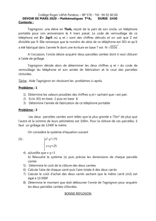 Première page de Mathématiques Tle A1 — Devoir surveillé (2019-2020) · CPEG Roger LAFIA