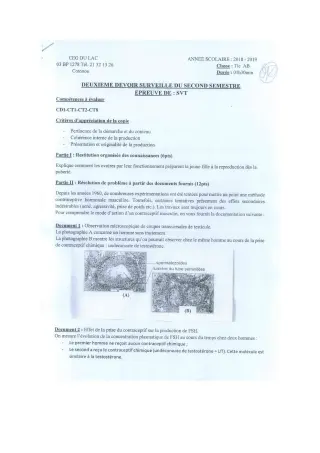 Première page de SVT Tle A2, Tle B — 2e devoir surveillé, 2e semestre (2018-2019) · CEG du Lac