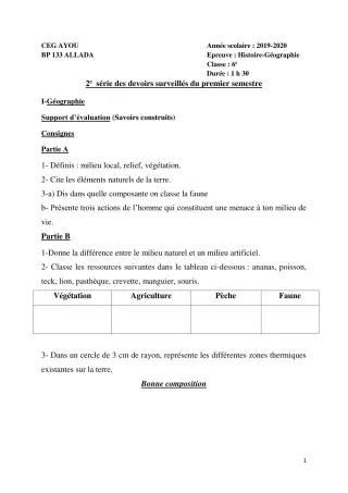 Première page de Histoire-Géographie 6e — 2e devoir surveillé, 1er semestre (2019-2020) · CEG AYOU