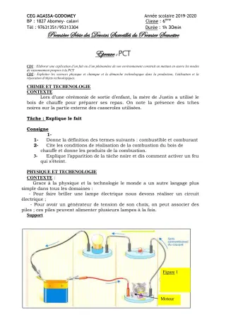 Première page de PCT 6e — 1er devoir surveillé, 1er semestre (2019-2020) · CEG Agassa Godomey