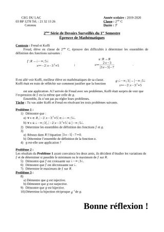 Première page de Mathématiques 2nde C — 2e devoir surveillé, 1er semestre (2019-2020) · CEG du Lac