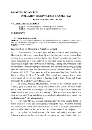 Première page de Anglais Tle C, Tle D — Évaluation sommative (2018-2019) · CEG Banikanni