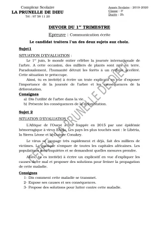 Première page de Français 3e, 3e ML — Devoir surveillé, 1er trimestre (2019-2020) · CEPG La Prunelle de Dieu