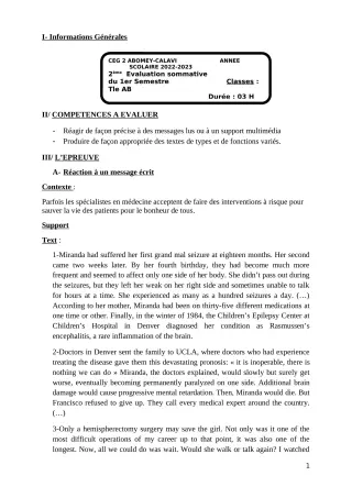 Première page de Anglais Tle A1 — 2e évaluation sommative, 1er semestre (2022-2023) · CEG2 ABOMEY - CALAVI (CEG ZOCA)
