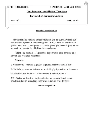 Première page de Français 6e, 5e, 4e, 4e ML, 3e, 3e ML — 2e devoir surveillé, 1er semestre (2018-2019) · CEG Gbegourou