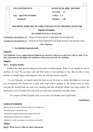 Première page de Anglais 4e, 4e ML — 1er devoir surveillé, 1er semestre (2019-2020) · Ceg OUESSE