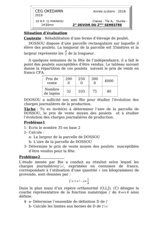 Première page de Mathématiques Tle A1 — Devoir surveillé, 2e semestre (2018-2019) · CEG OKEDAMA