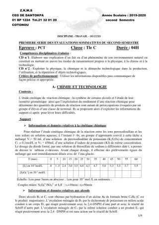 Première page de PCT Tle C — 1re évaluation sommative, 2e semestre (2019-2020) · CEG Dantokpa