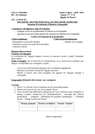 Première page de Histoire-Géographie 2nde C, 2nde D — 2e devoir surveillé, 2e semestre (2018-2019) · CEG Le Méridien