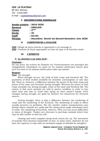 Première page de Anglais 3e, 3e ML — 2e devoir surveillé, 2e semestre (2019-2020) · CEG Le Plateau
