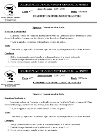 Première page de Français 6e — Composition, 2e trimestre (2019-2020) · CPEG La Finesse