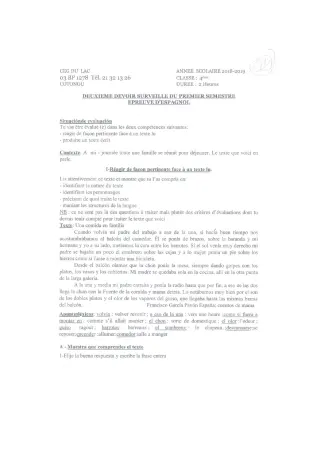 Première page de Devoir surveillé de ESPAGNOL — 4e ML — CEG du Lac (2018)