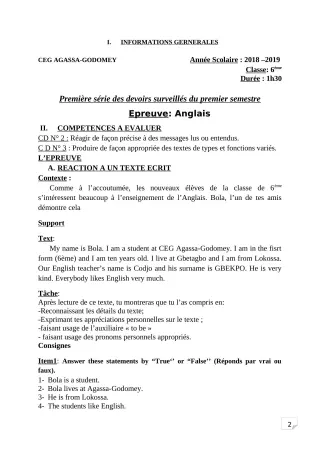 Première page de Anglais 6e — 1er devoir surveillé, 1er semestre (2018-2019) · CEG Agassa Godomey