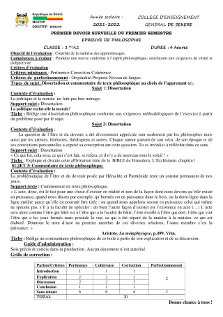Première page de Philosophie 1ère A2 — 1er devoir surveillé, 1er semestre (2021-2022) · CEG SEKERE