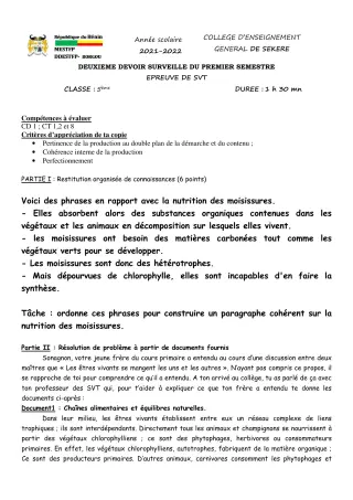 Première page de SVT 5e — 2e devoir surveillé, 1er semestre (2021-2022) · CEG SEKERE