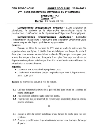 Première page de PCT 6e, 5e, 4e, 3e, 2nde D, 1ère D, Tle D — 1er devoir surveillé, 1er semestre (2020-2021) · CEG SEGBOHOUE