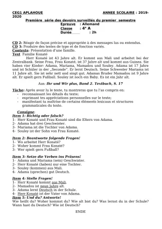 Première page de Allemand 4e ML, 3e ML, 2nde A, 2nde A1, 2nde A2, 2nde B, 2nde D, 1ère A, 1ère A1, 1ère A2, Tle A1, Tle A2 — 1er devoir surveillé, 1er semestre (2019-2020) · CEG1 APLAHOUE