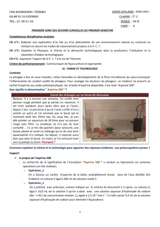 Première page de PCT Tle C — 1er devoir surveillé, 1er semestre (2021-2022) · CEG Kouhounou-Vêdoko
