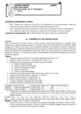 Première page de PCT Tle C — 2e devoir surveillé, 1er semestre (2019-2020) · CEG 1 Akpakpa-Centre