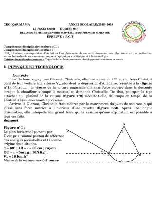 Première page de PCT 1ère D — Devoir surveillé, 1er semestre (2018-2019) · CEG Karimama