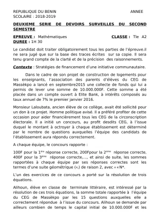 Première page de Mathématiques Tle A2 — Devoir surveillé, 2e semestre (2018-2019) · CEG 2 KANDI
