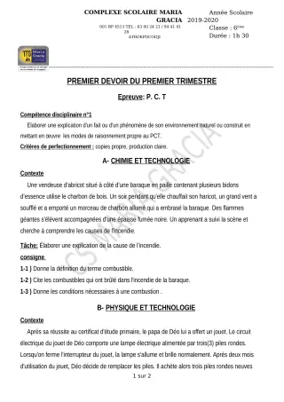 Première page de PCT 6e — 1er devoir surveillé, 1er trimestre (2019-2020) · CPEG MARIA GRACIA