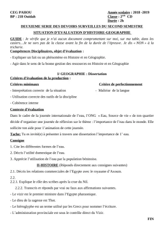 Première page de Histoire-Géographie 2nde C, 2nde D — 2e devoir surveillé, 2e semestre (2018-2019) · CEG PAHOU