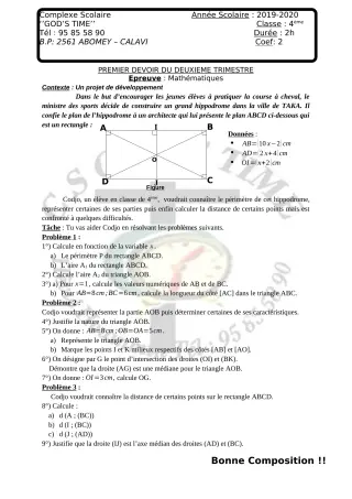 Première page de Mathématiques 4e — Composition, 2e trimestre (2019-2020) · CPEG GOD'S TIME