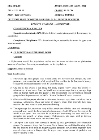 Première page de Anglais Tle C, Tle D — 2e devoir surveillé, 1er semestre (2020-2021) · CEG du Lac