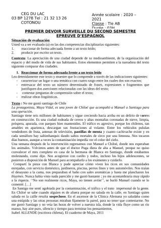Première page de Espagnol Tle A2, Tle B — 1er devoir surveillé, 2e semestre (2020-2021) · CEG du Lac