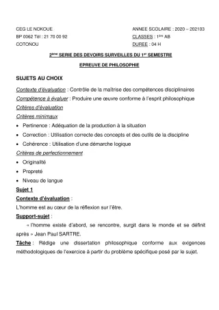Première page de Philosophie 1ère A1, 1ère A2, 1ère B — 2e devoir surveillé, 1er semestre (2020-2021) · CEG LE NOKOUE