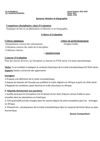 Première page de Histoire-Géographie 4e, 4e ML — Composition (2021-2022) · CEPG La Prunelle de Dieu