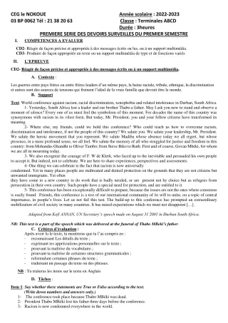 Première page de Anglais Tle A2, Tle B, Tle D — 1er devoir surveillé, 1er semestre (2022-2023) · CEG LE NOKOUE