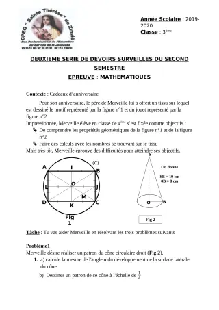 Première page de Mathématiques 4e — 2e devoir surveillé, 2e semestre (2019-2020) · CPEG Ste Thérèse de Zinvié