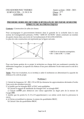 Première page de Mathématiques 3e, 3e ML — 1er devoir surveillé, 2e semestre (2020-2021) · CEG Kouhounou-Vêdoko