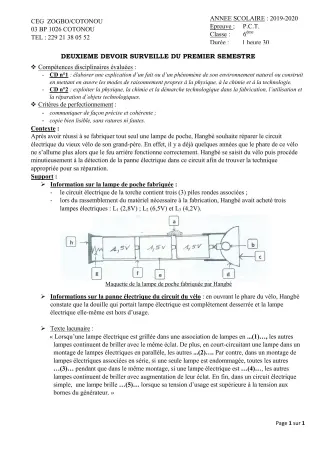 Première page de PCT 6e — 2e devoir surveillé, 1er semestre (2019-2020) · CEG ZOGBO
