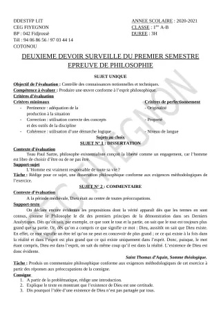 Première page de Philosophie 1ère A2, 1ère B — 2e devoir surveillé, 1er semestre (2020-2021) · CEG FIYEGNON
