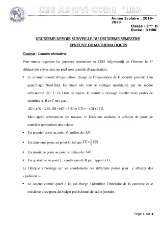 Première page de Mathématiques 2nde D — 2e devoir surveillé, 2e semestre (2019-2020) · CEG ADJOVICODJI 'LES OLIVIERS'