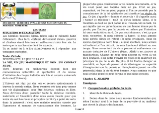 Première page de Français 3e, 3e ML — 2e évaluation sommative, 1er semestre (2019-2020) · CEG GBESSOU