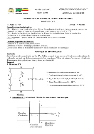 Première page de PCT 1ère D — 2e devoir surveillé, 2e semestre (2020-2021) · CEG SEKERE