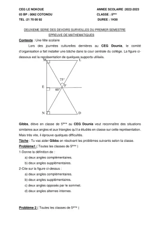 Première page de Mathématiques 5e — 2e devoir surveillé, 1er semestre (2022-2023) · CEG LE NOKOUE
