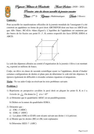 Première page de Mathématiques 2nde D — 1er devoir surveillé, 1er semestre (2020-2021) · PMB
