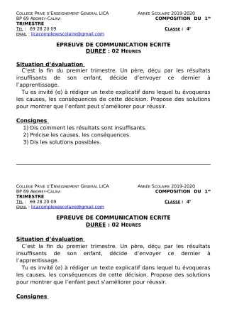 Première page de Français 4e, 4e ML — Composition, 1er trimestre (2019-2020) · CPEG LICA
