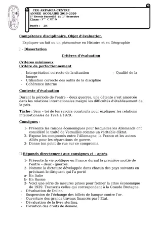 Première page de Histoire-Géographie 1ère C, 1ère D — 1er devoir surveillé, 1er semestre (2019-2020) · CEG 1 Akpakpa-Centre