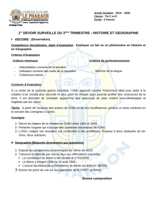 Première page de Histoire-Géographie Tle C, Tle D — 1er devoir surveillé, 2e trimestre (2019-2020) · CPEG LE PHARAON