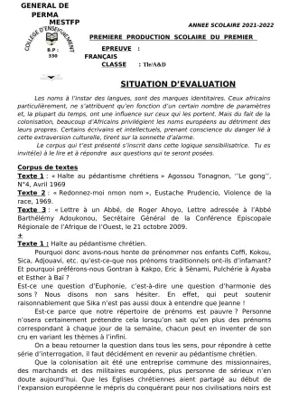Première page de Français 6e, 5e, 4e, 3e, 2nde A, 1ère A, 1ère D, Tle A, Tle D — 1re production scolaire, 1er semestre (2021-2022) · CEG Perma