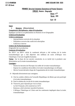 Première page de Histoire-Géographie 4e — 1re évaluation sommative, 1er semestre (2019-2020) · CEG Kpanroun