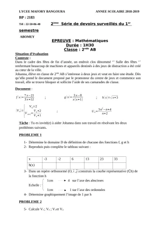Première page de Mathématiques 3e, 3e ML, 2nde A & B — 2e devoir surveillé (2018-2019) · Lycée Houegbadja d'Abomey (Ex Mafory Bangoura)