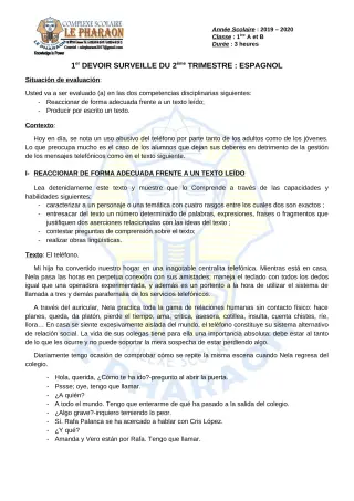 Première page de Espagnol 1ère A, 1ère B — 1er devoir surveillé, 2e trimestre (2019-2020) · CPEG LE PHARAON
